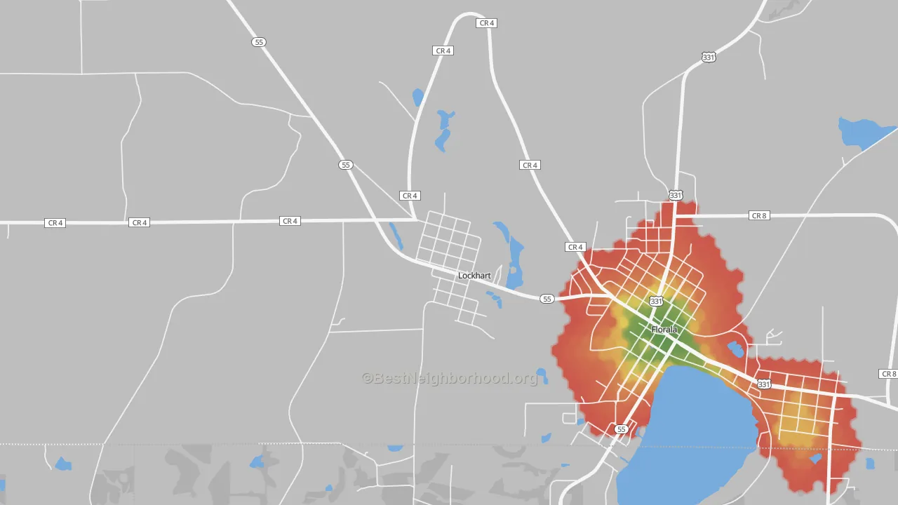 Walk Grade map of 36455, AL, walkable areas in green and car-dependent areas in red