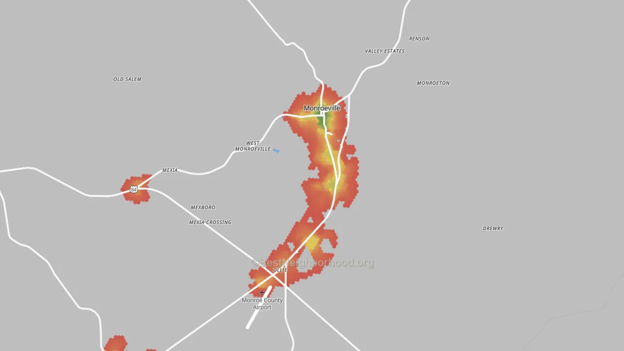 Walk Grade map of 36460, AL, walkable areas in green and car-dependent areas in red