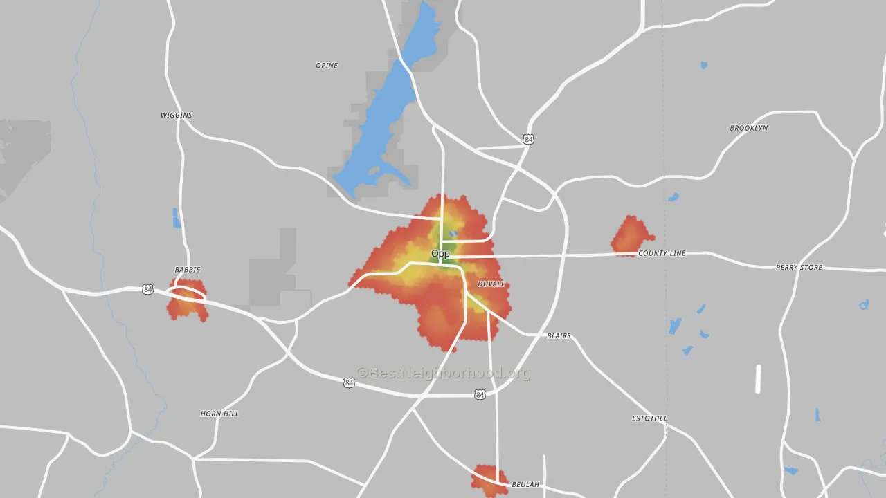 Walk Grade map of 36467, AL, walkable areas in green and car-dependent areas in red