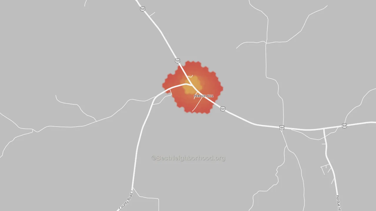 Walk Grade map of 36470, AL, walkable areas in green and car-dependent areas in red