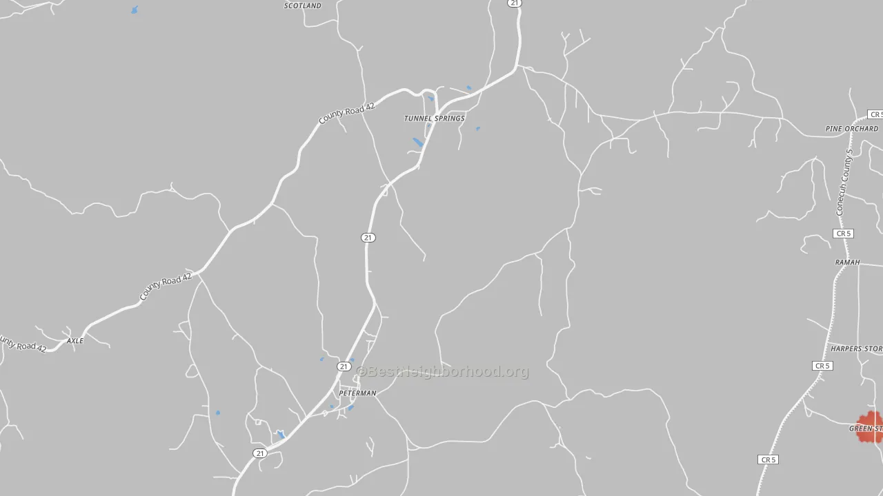 Walk Grade map of 36471, AL, walkable areas in green and car-dependent areas in red