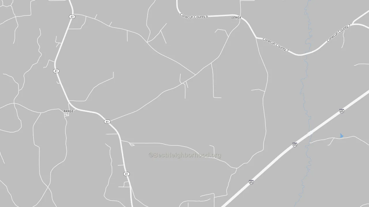 Walk Grade map of 36473, AL, walkable areas in green and car-dependent areas in red