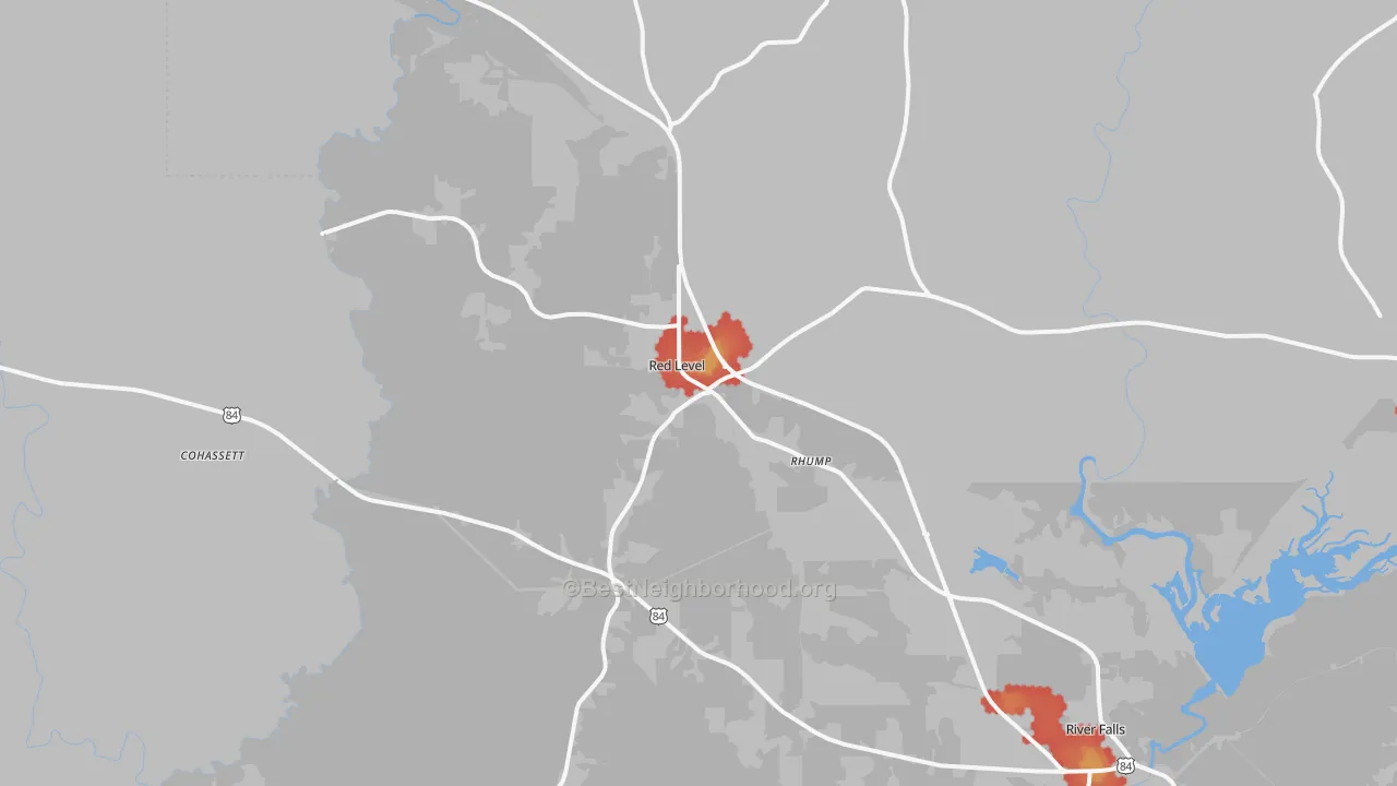 Walk Grade map of 36474, AL, walkable areas in green and car-dependent areas in red
