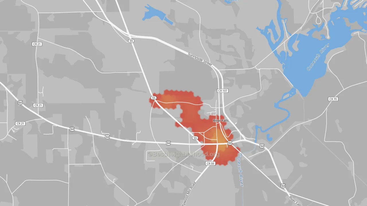 Walk Grade map of 36476, AL, walkable areas in green and car-dependent areas in red