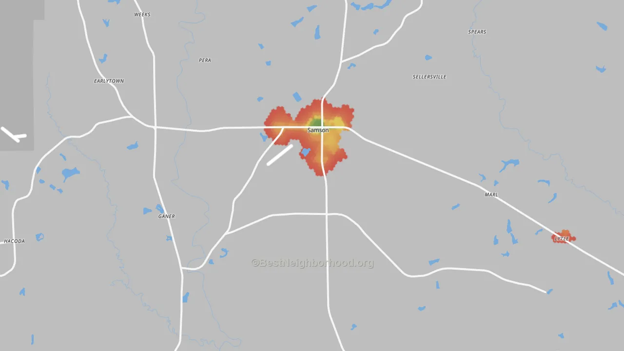 Walk Grade map of 36477, AL, walkable areas in green and car-dependent areas in red