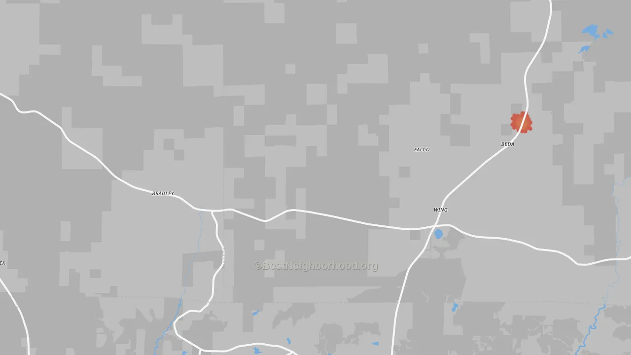 Walk Grade map of 36483, AL, walkable areas in green and car-dependent areas in red