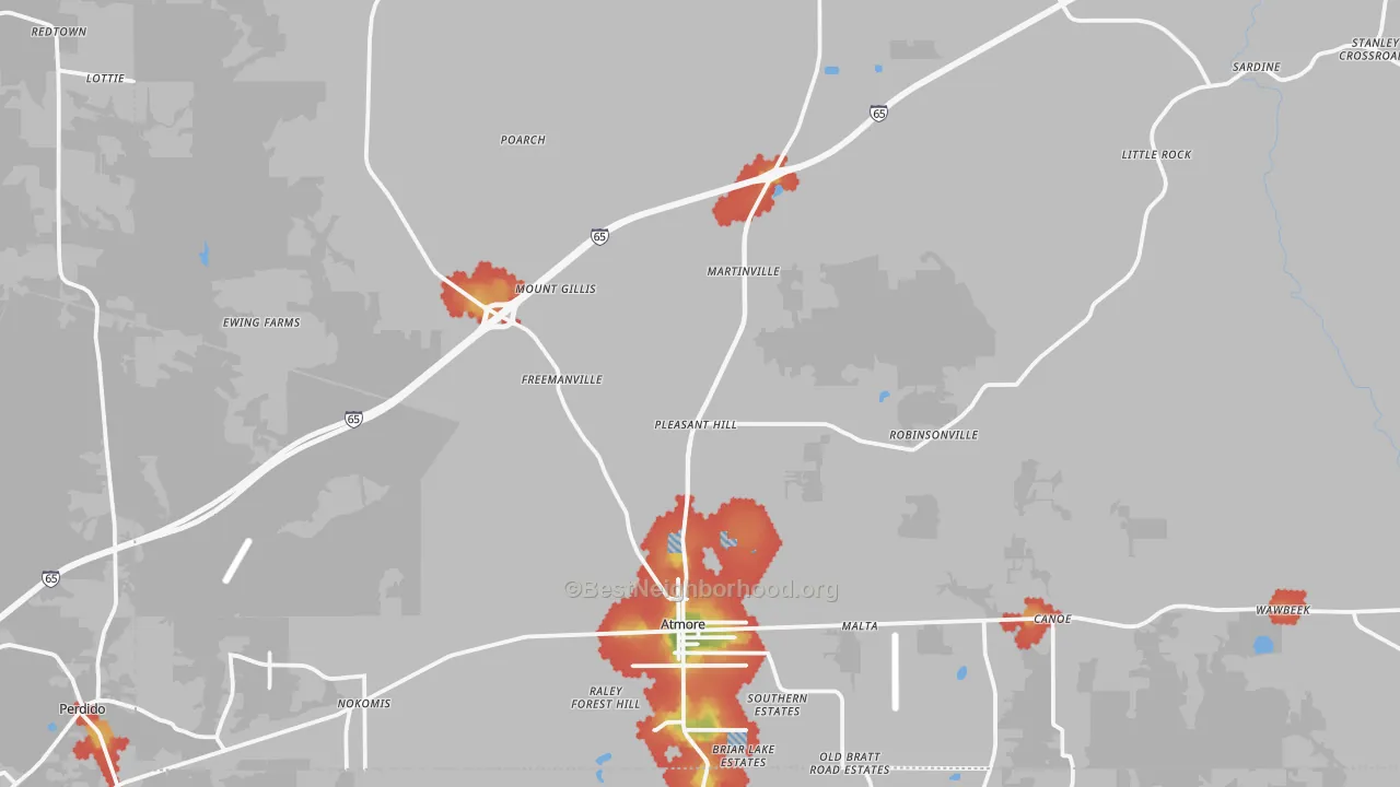 Walk Grade map of 36502, AL, walkable areas in green and car-dependent areas in red
