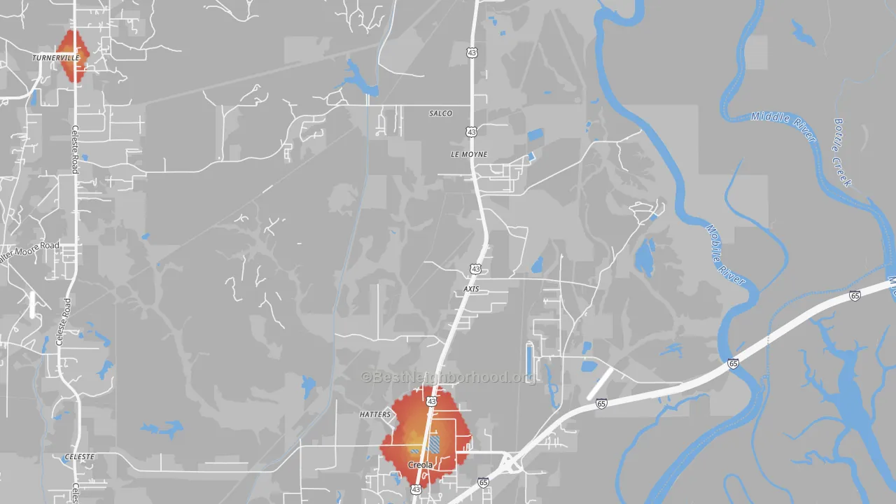 Walk Grade map of 36505, AL, walkable areas in green and car-dependent areas in red