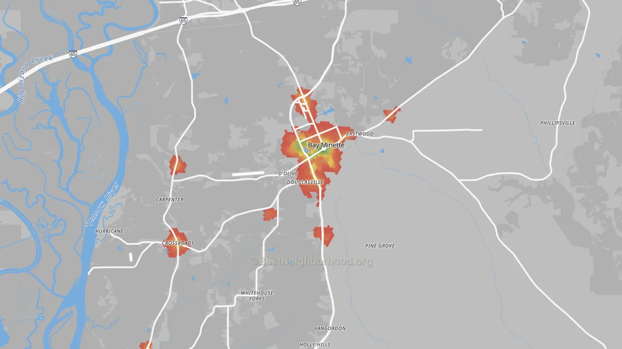 Walk Grade map of 36507, AL, walkable areas in green and car-dependent areas in red
