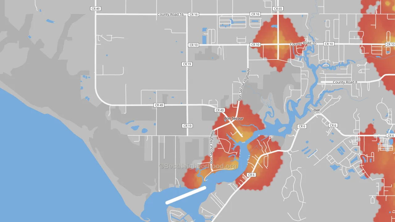 Walk Grade map of 36511, AL, walkable areas in green and car-dependent areas in red