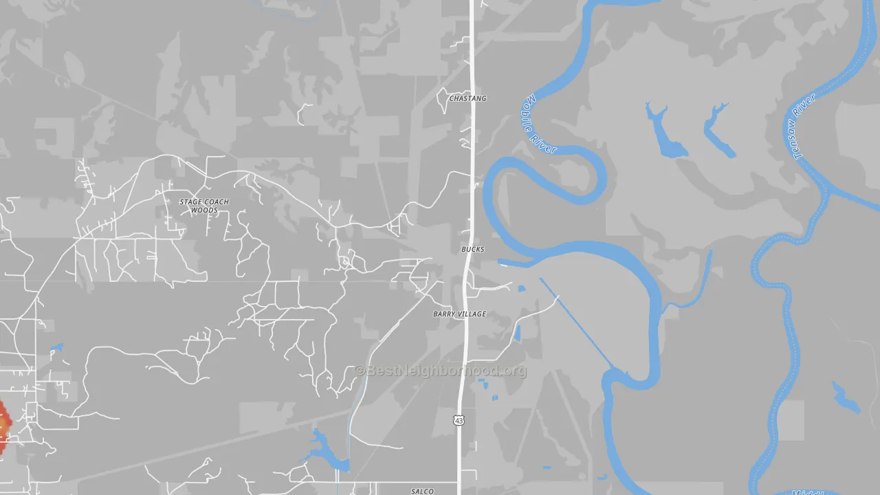 Walk Grade map of 36512, AL, walkable areas in green and car-dependent areas in red