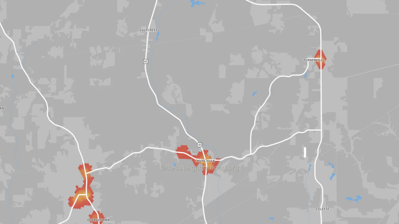 Walk Grade map of 36521, AL, walkable areas in green and car-dependent areas in red