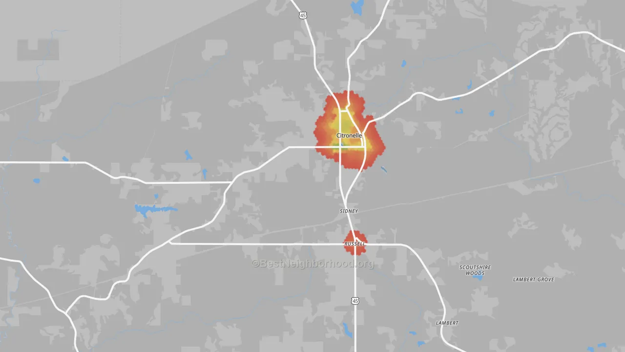 Walk Grade map of 36522, AL, walkable areas in green and car-dependent areas in red