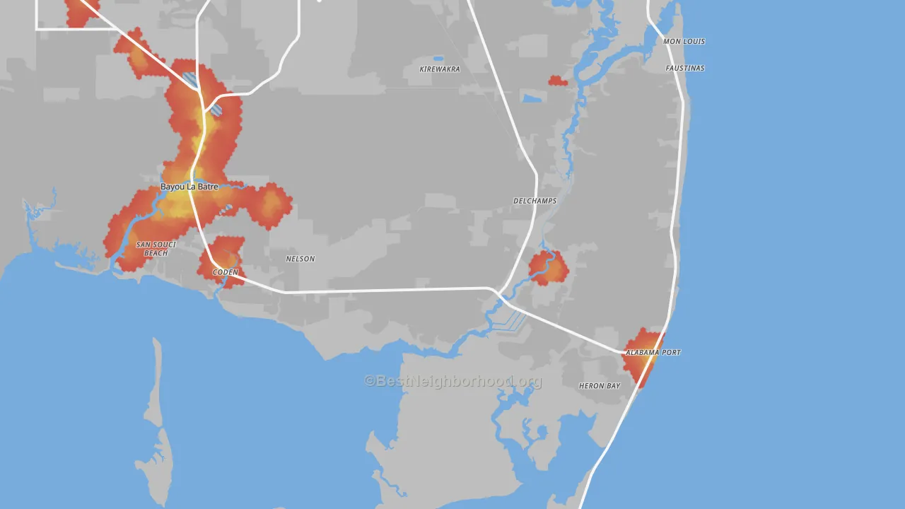 Walk Grade map of 36523, AL, walkable areas in green and car-dependent areas in red
