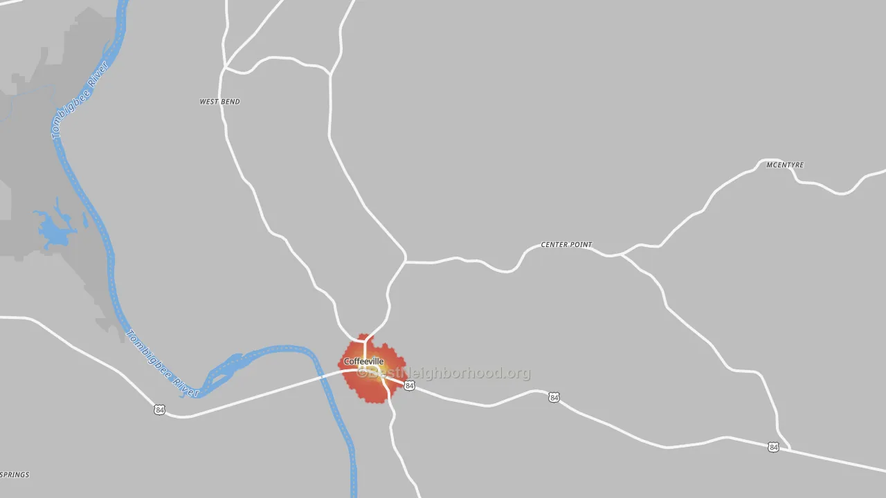 Walk Grade map of 36524, AL, walkable areas in green and car-dependent areas in red