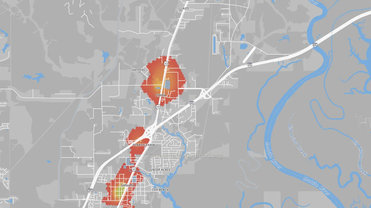 Walk Grade map of 36525, AL, walkable areas in green and car-dependent areas in red