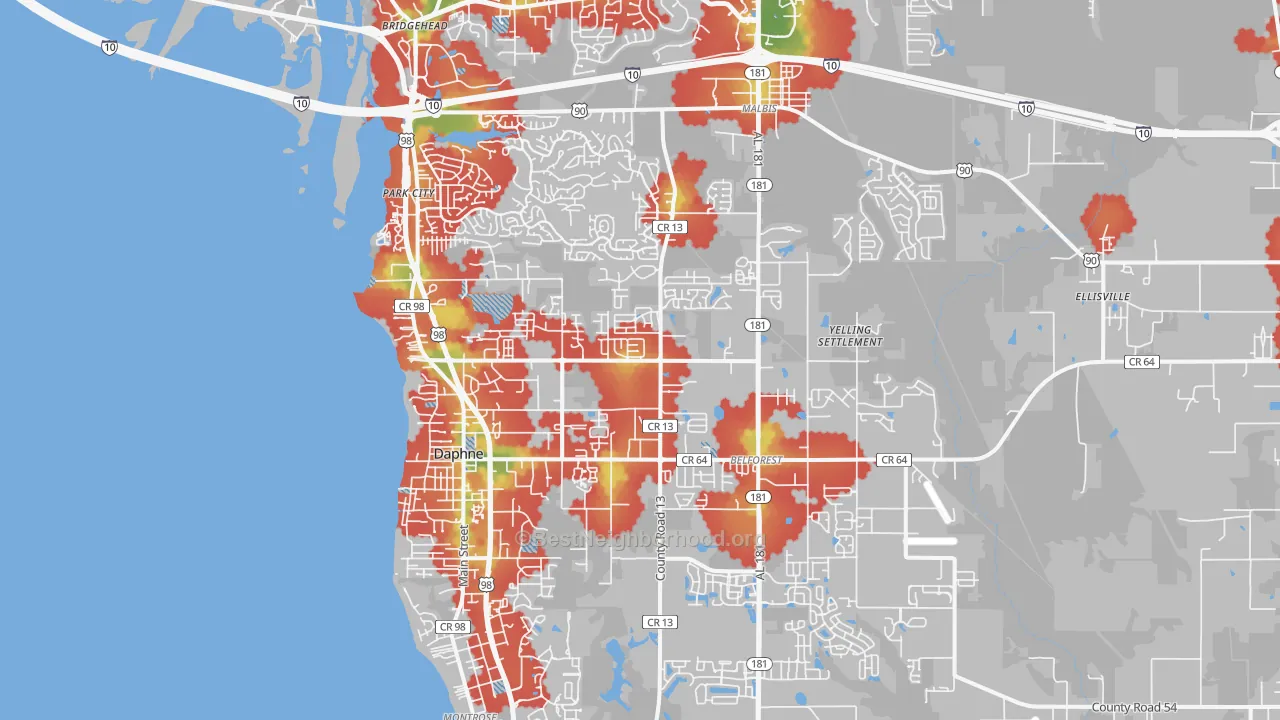 Walk Grade map of 36526, AL, walkable areas in green and car-dependent areas in red