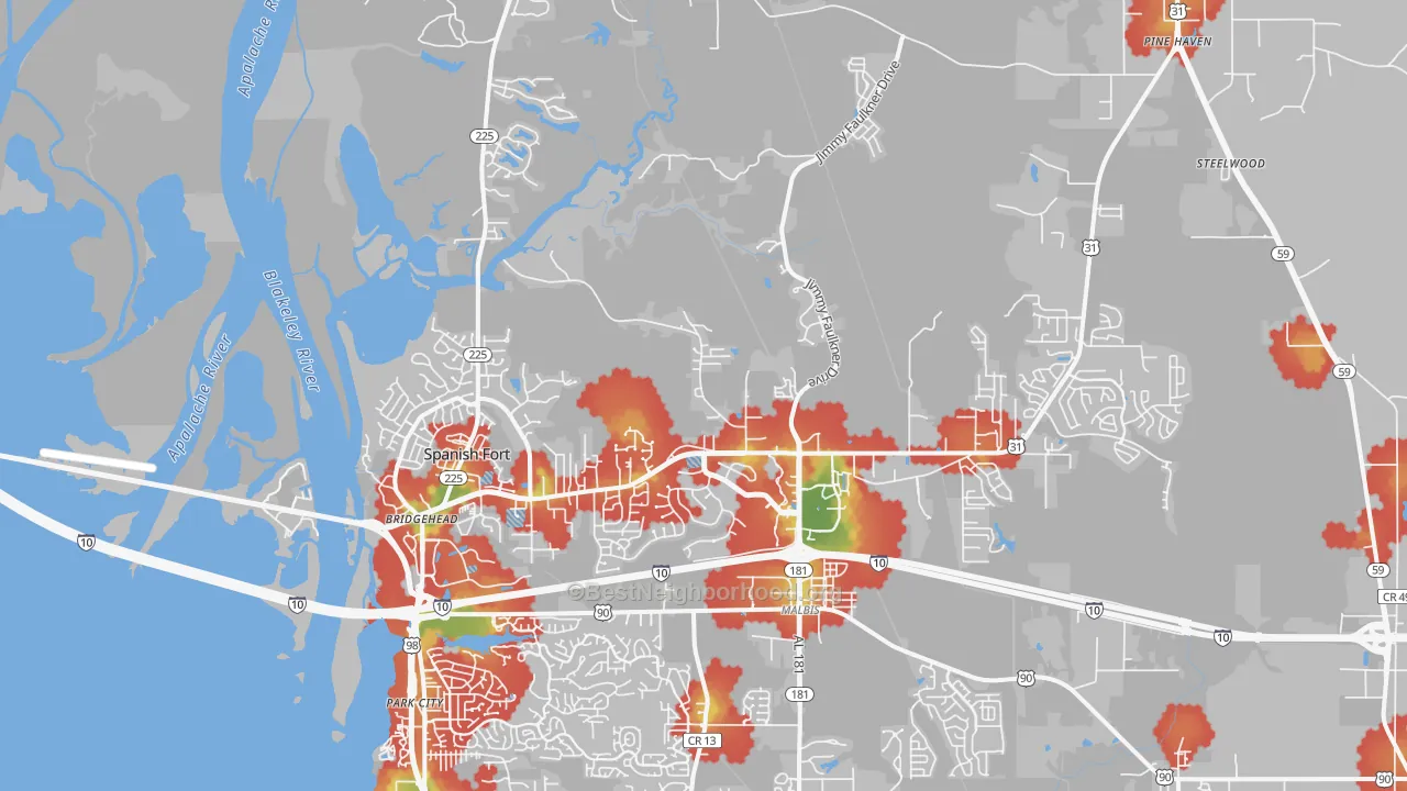 Walk Grade map of 36527, AL, walkable areas in green and car-dependent areas in red