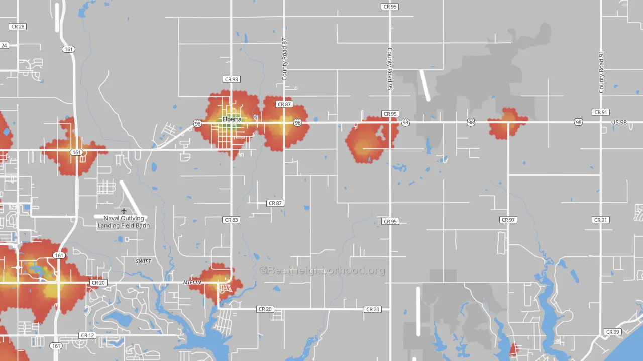 Walk Grade map of 36530, AL, walkable areas in green and car-dependent areas in red