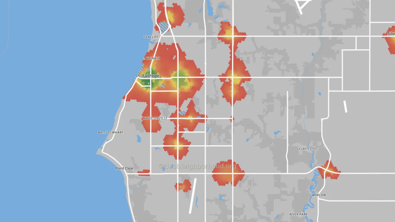 Walk Grade map of 36532, AL, walkable areas in green and car-dependent areas in red