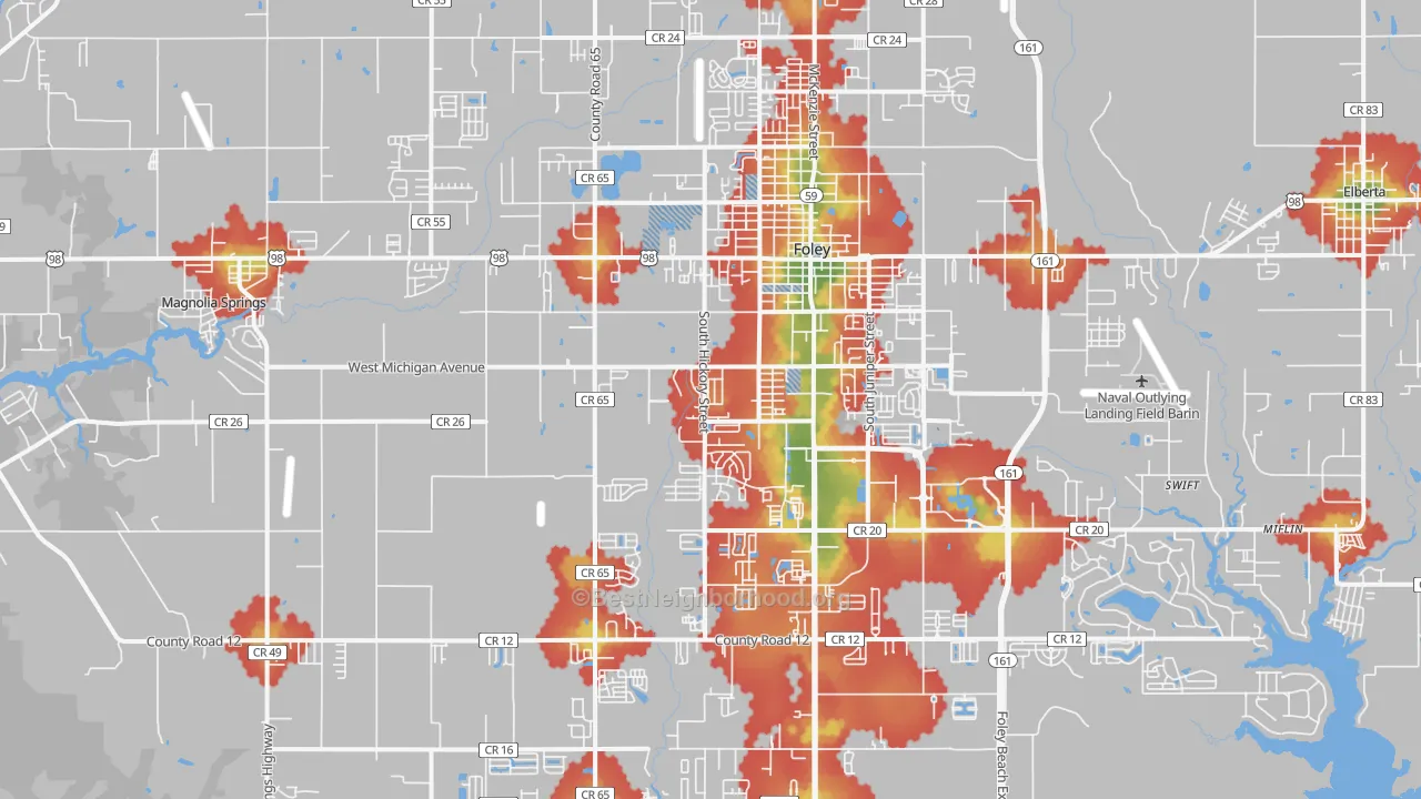 Walk Grade map of 36535, AL, walkable areas in green and car-dependent areas in red