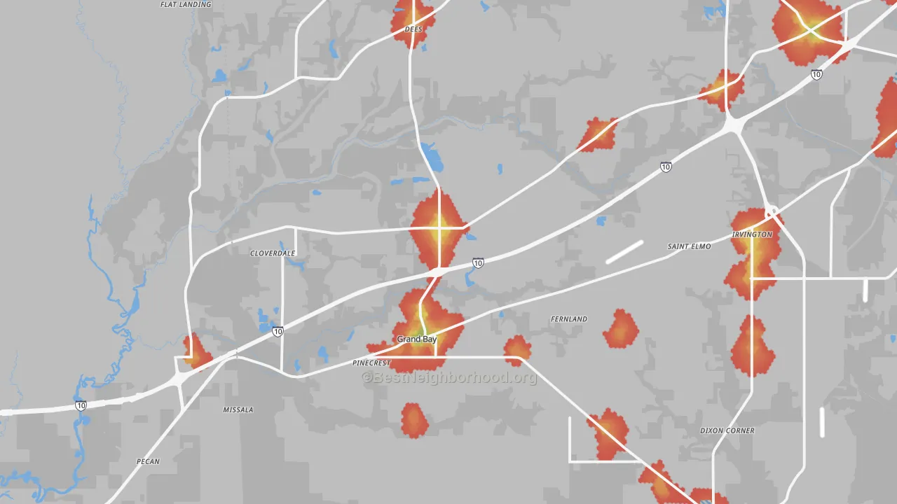 Walk Grade map of 36541, AL, walkable areas in green and car-dependent areas in red
