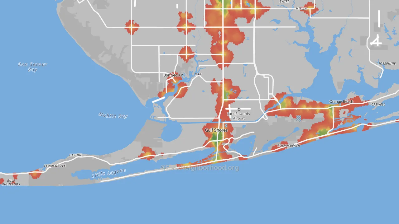 Walk Grade map of 36542, AL, walkable areas in green and car-dependent areas in red