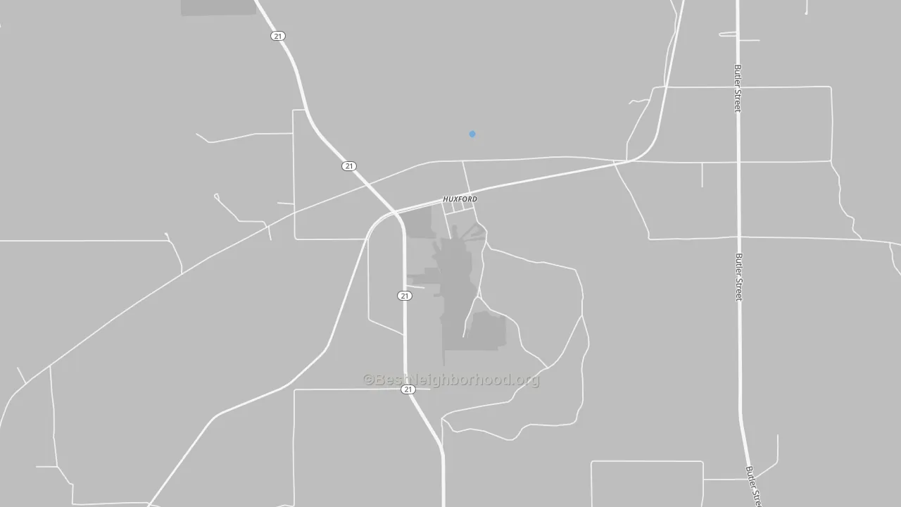Walk Grade map of 36543, AL, walkable areas in green and car-dependent areas in red