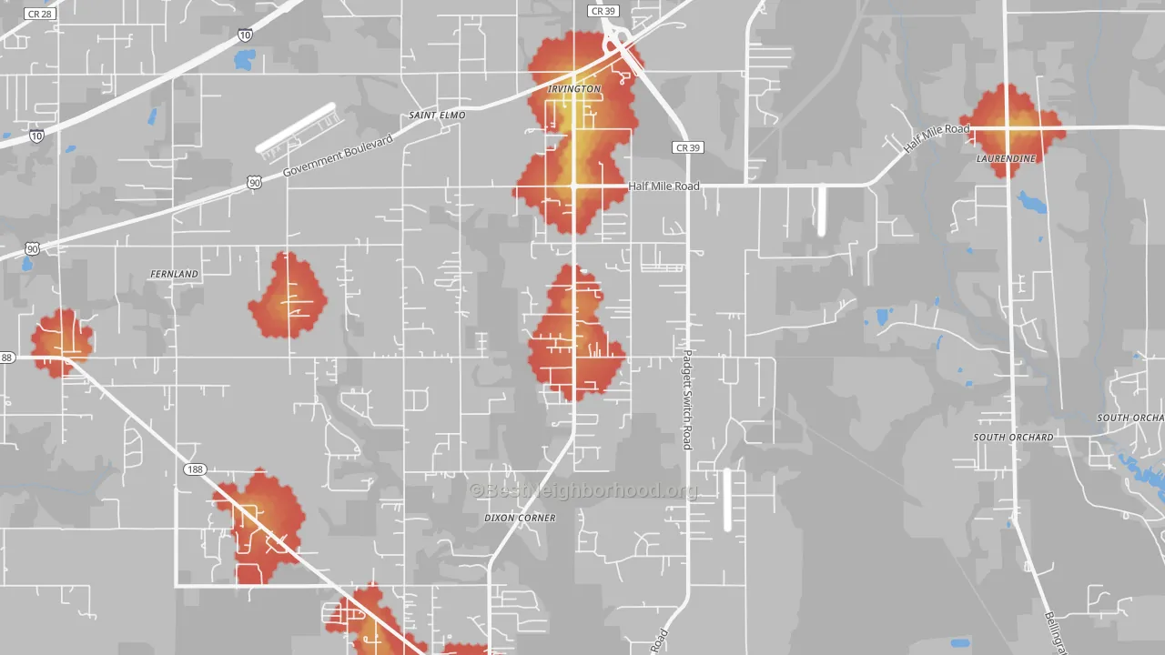 Walk Grade map of 36544, AL, walkable areas in green and car-dependent areas in red