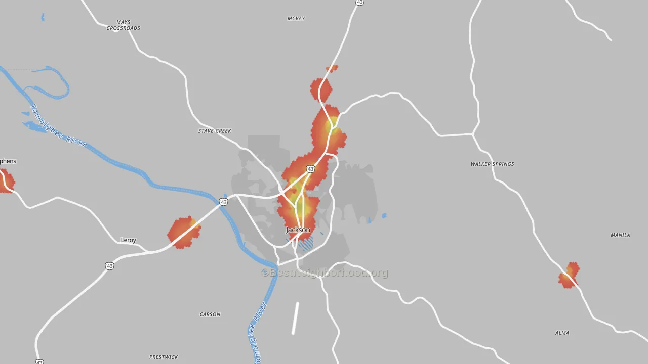 Walk Grade map of 36545, AL, walkable areas in green and car-dependent areas in red