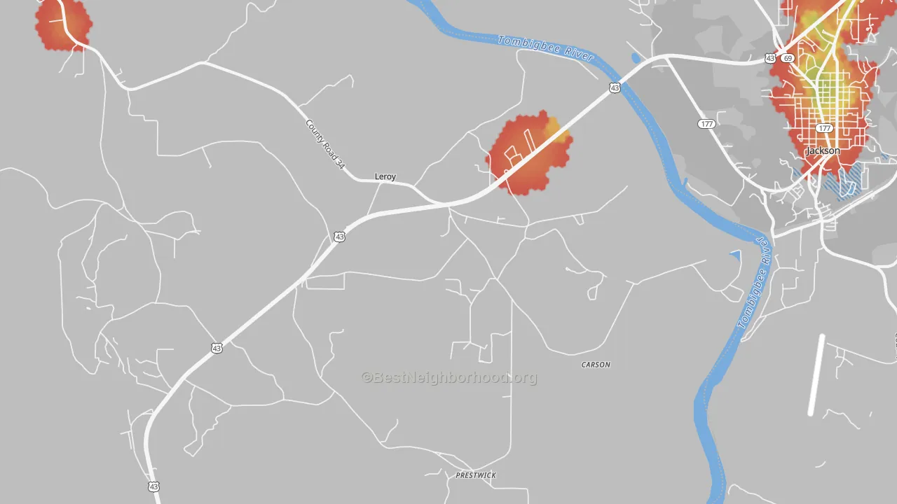 Walk Grade map of 36548, AL, walkable areas in green and car-dependent areas in red