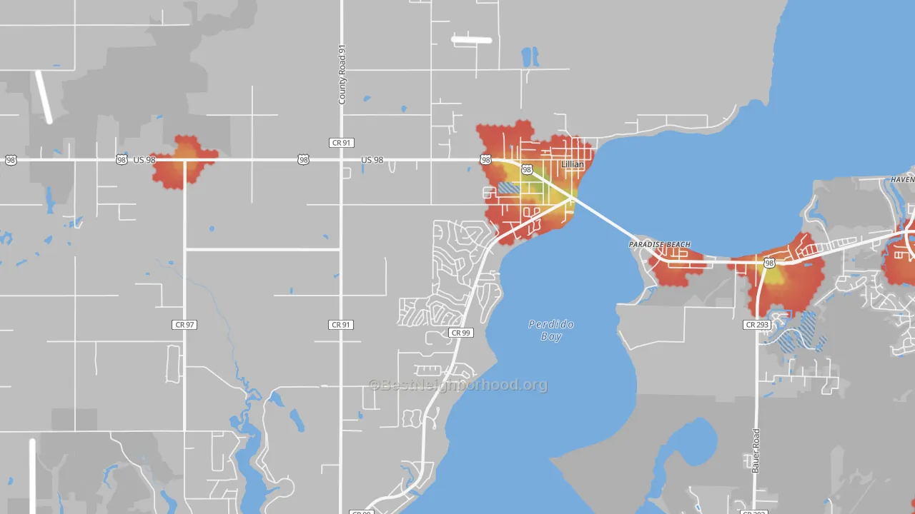 Walk Grade map of 36549, AL, walkable areas in green and car-dependent areas in red