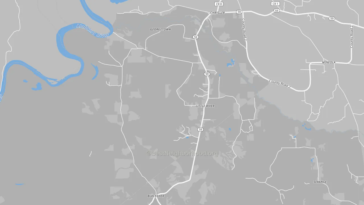 Walk Grade map of 36550, AL, walkable areas in green and car-dependent areas in red