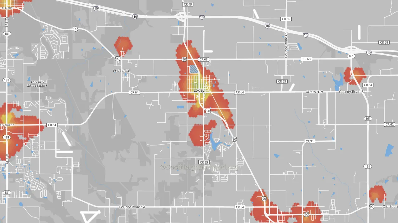Walk Grade map of 36551, AL, walkable areas in green and car-dependent areas in red