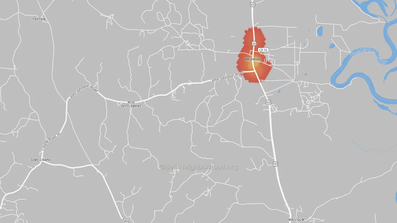 Walk Grade map of 36553, AL, walkable areas in green and car-dependent areas in red