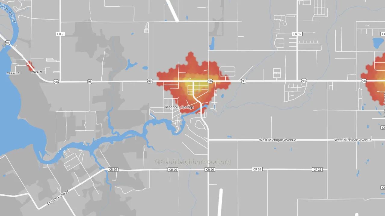 Walk Grade map of 36555, AL, walkable areas in green and car-dependent areas in red