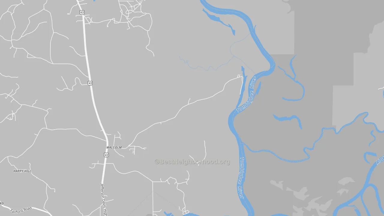 Walk Grade map of 36556, AL, walkable areas in green and car-dependent areas in red