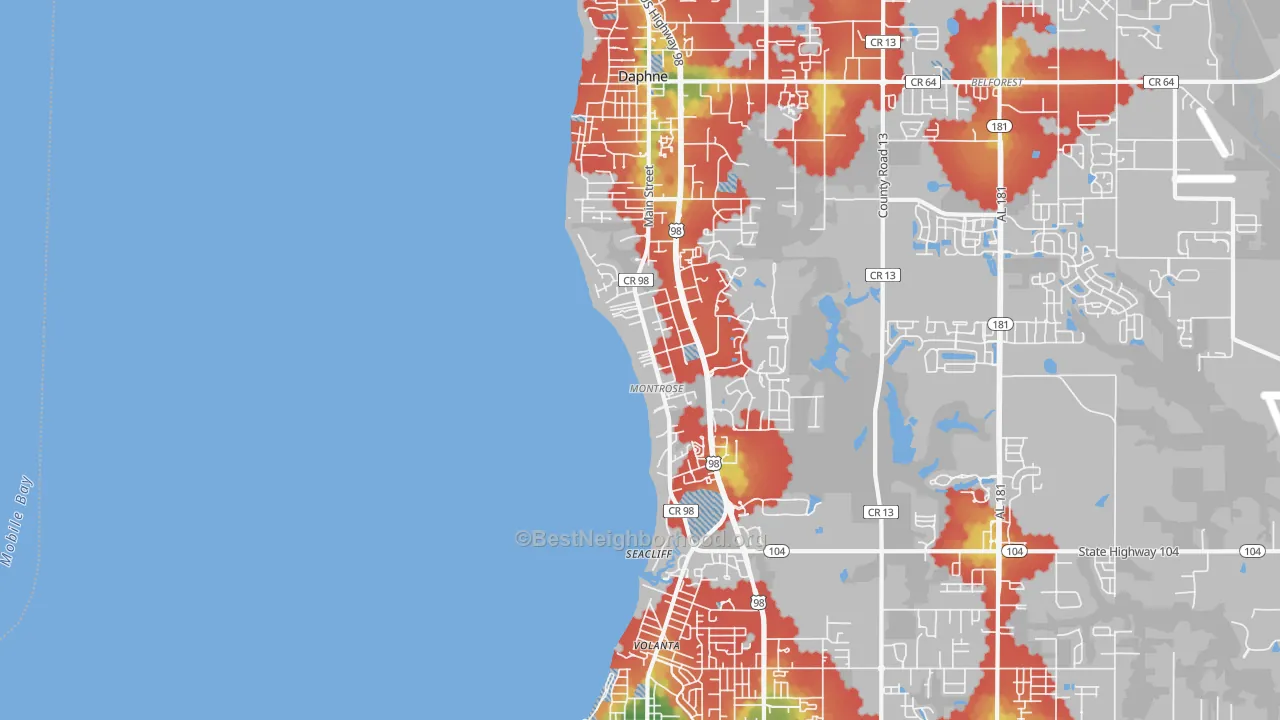 Walk Grade map of 36559, AL, walkable areas in green and car-dependent areas in red