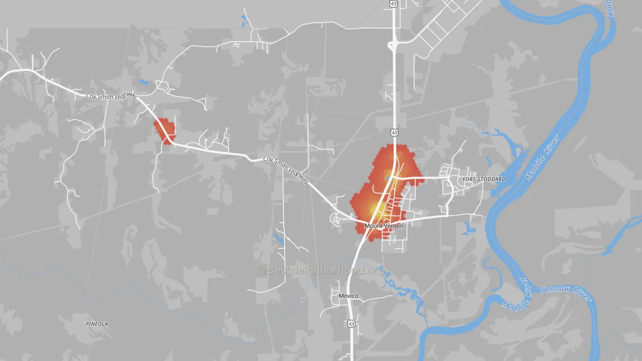 Walk Grade map of 36560, AL, walkable areas in green and car-dependent areas in red