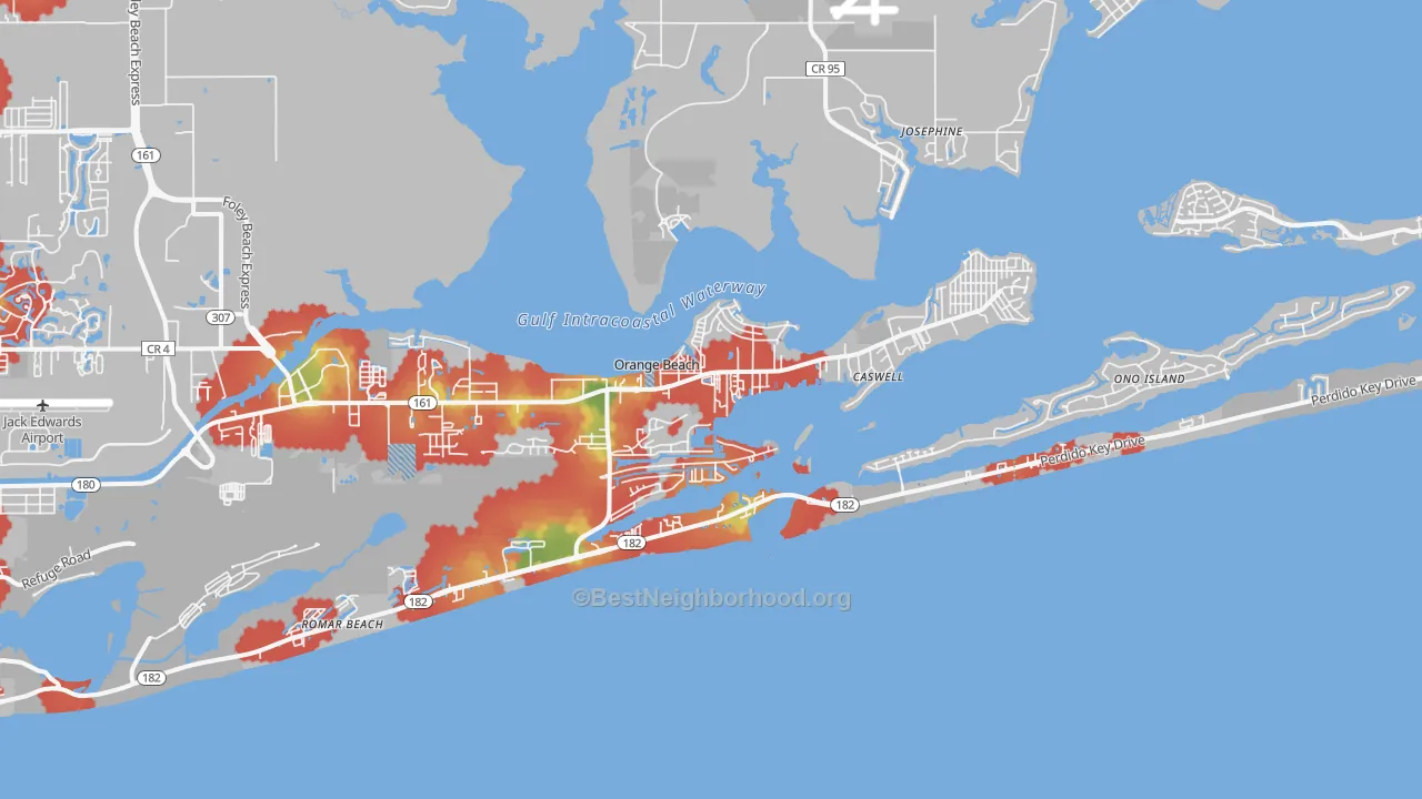 Walk Grade map of 36561, AL, walkable areas in green and car-dependent areas in red