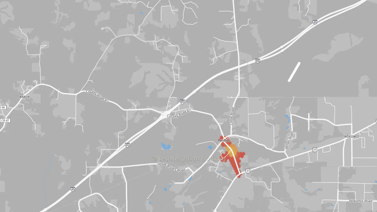 Walk Grade map of 36562, AL, walkable areas in green and car-dependent areas in red