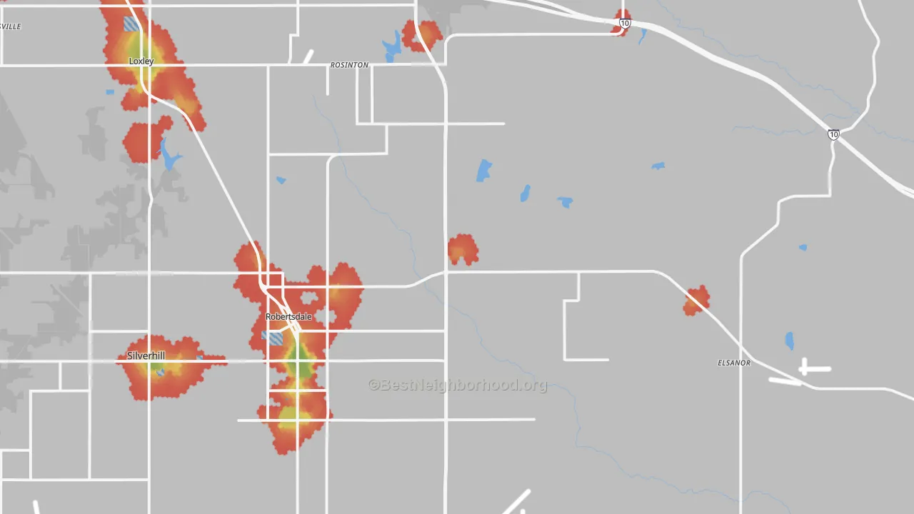 Walk Grade map of 36567, AL, walkable areas in green and car-dependent areas in red