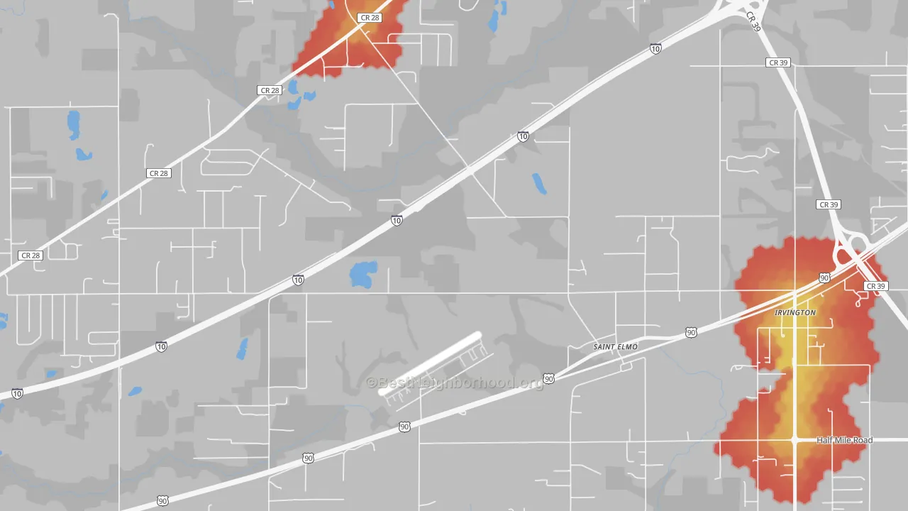 Walk Grade map of 36568, AL, walkable areas in green and car-dependent areas in red
