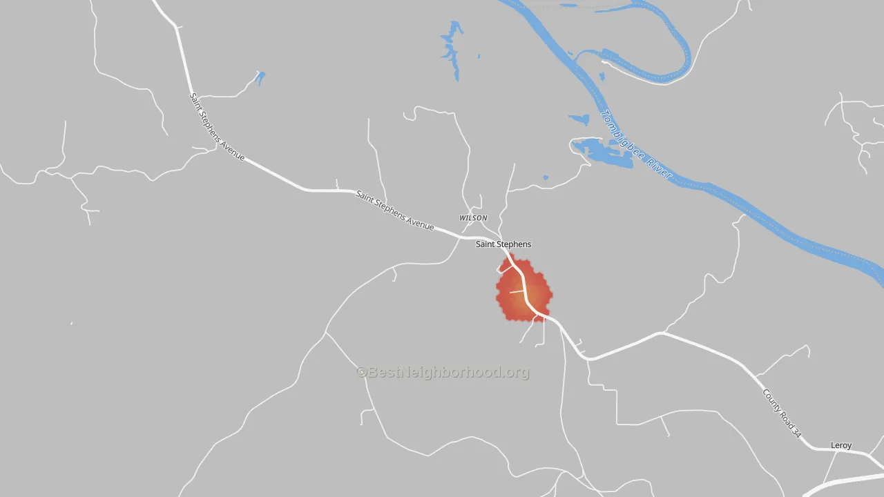 Walk Grade map of 36569, AL, walkable areas in green and car-dependent areas in red