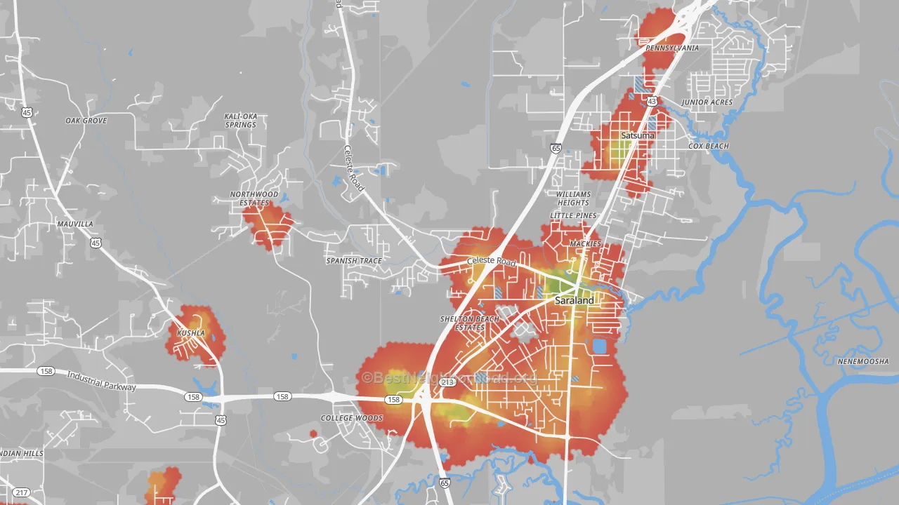 Walk Grade map of 36571, AL, walkable areas in green and car-dependent areas in red