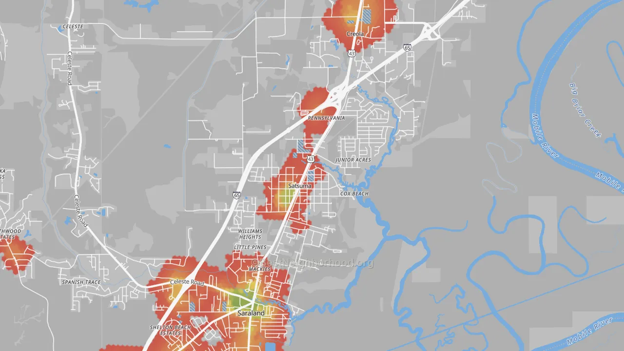 Walk Grade map of 36572, AL, walkable areas in green and car-dependent areas in red