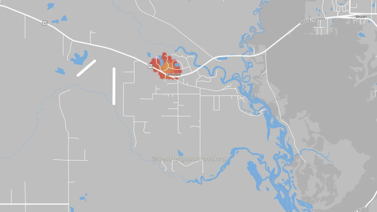 Walk Grade map of 36574, AL, walkable areas in green and car-dependent areas in red