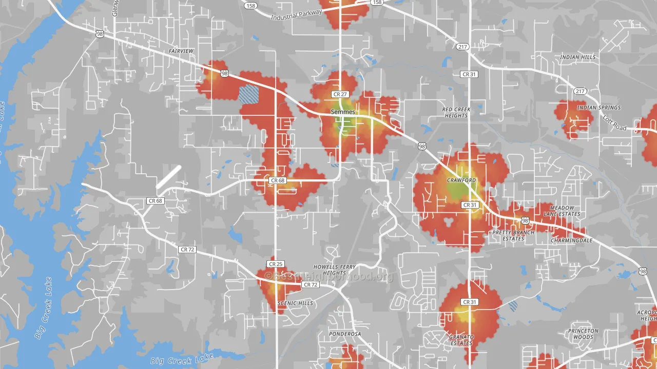 Walk Grade map of 36575, AL, walkable areas in green and car-dependent areas in red