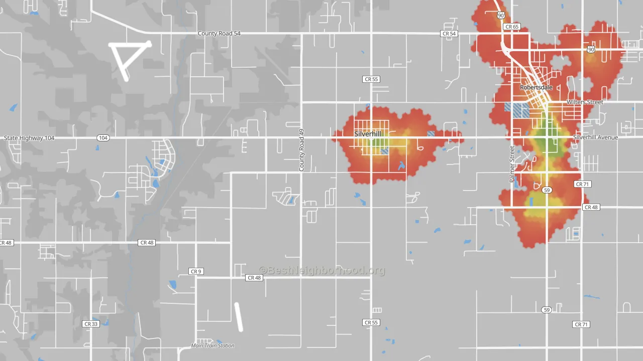 Walk Grade map of 36576, AL, walkable areas in green and car-dependent areas in red