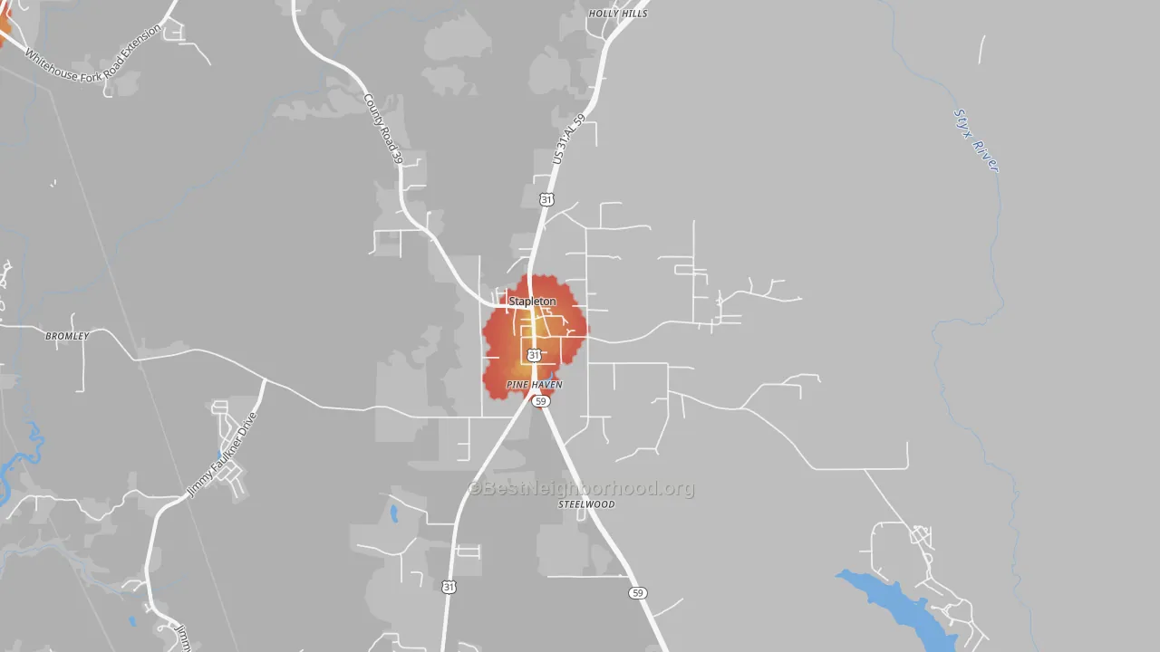 Walk Grade map of 36578, AL, walkable areas in green and car-dependent areas in red
